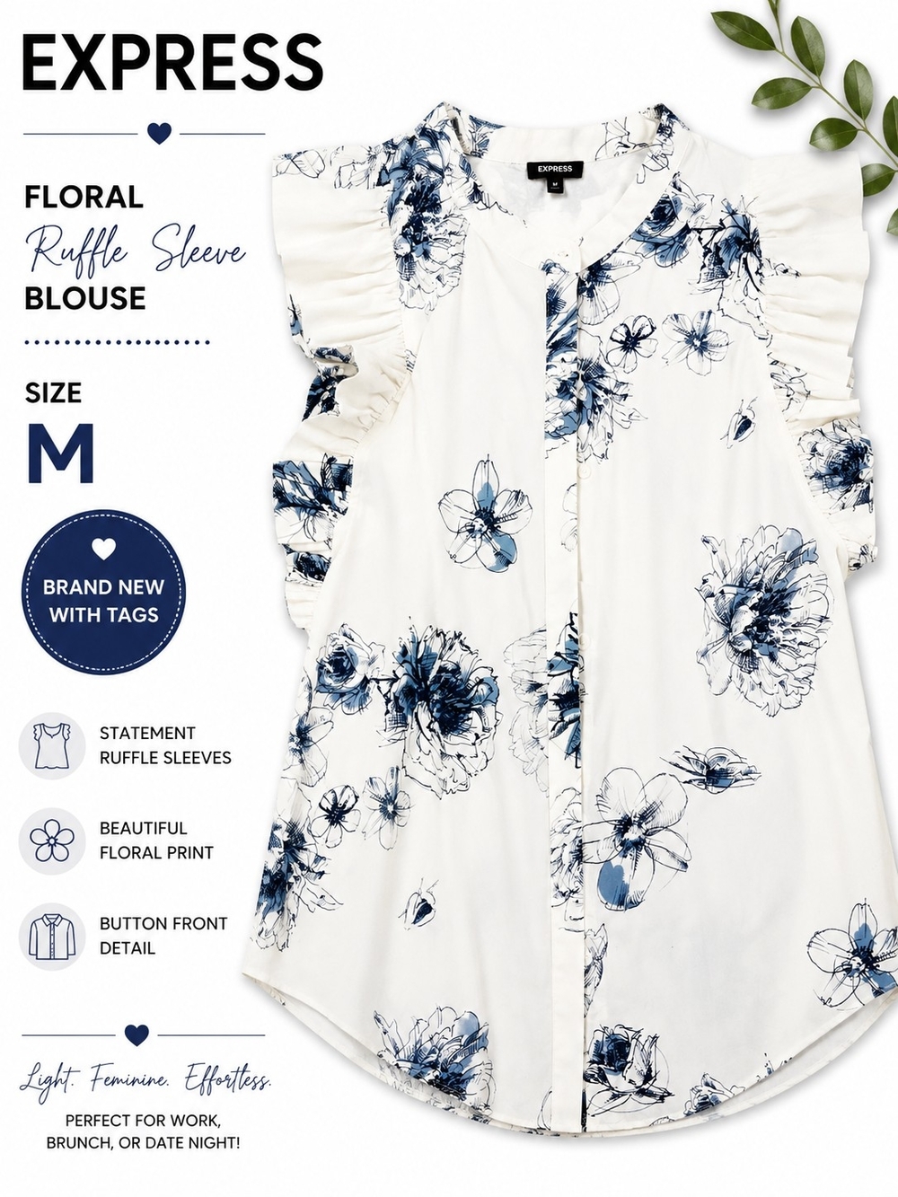 Express White Floral Ruffle Sleeve Blouse with Navy Sketch Print
